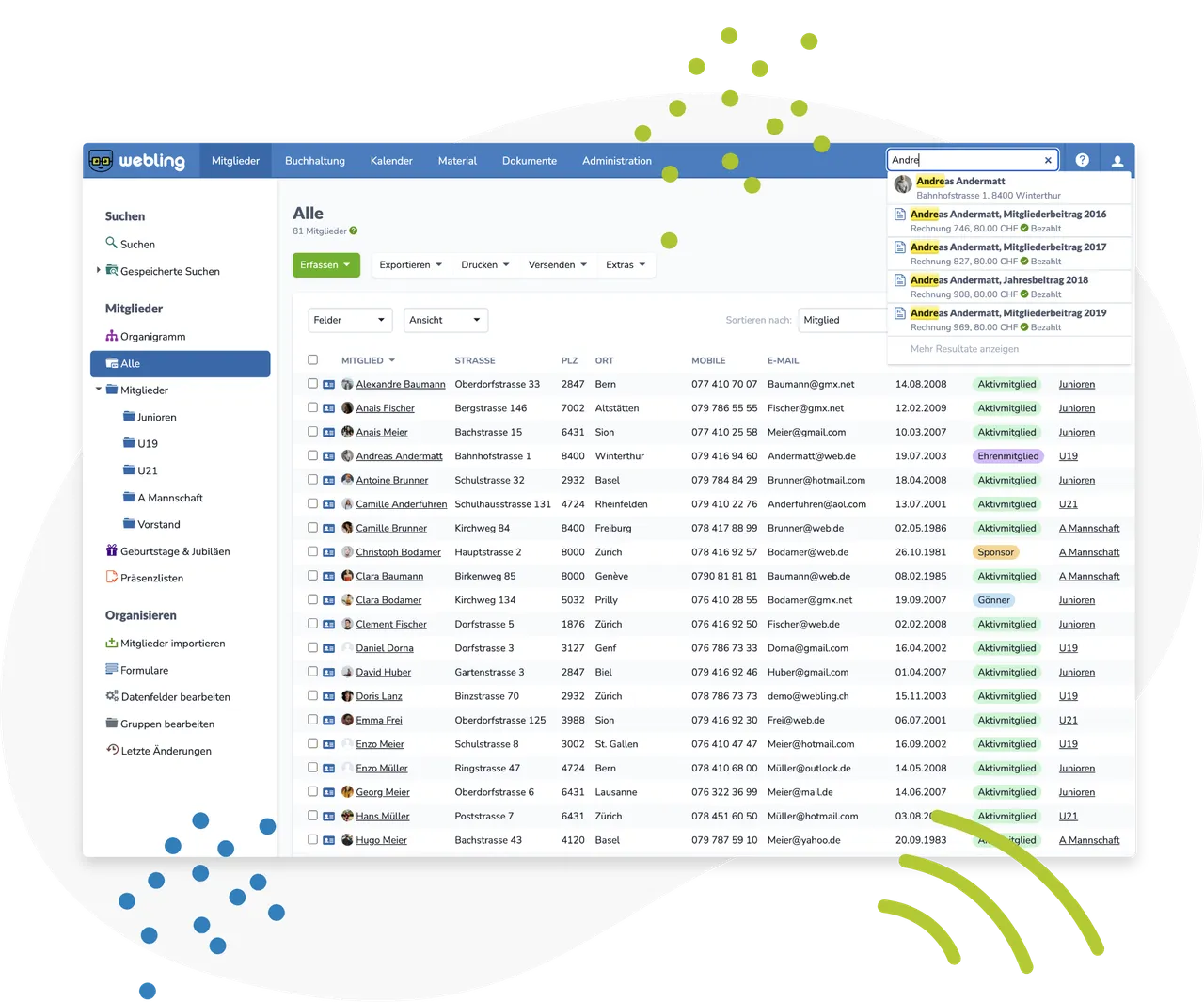 Mitgliederliste mit Gruppen und eigenen Datenfeldern in der Vereinssoftware Webling